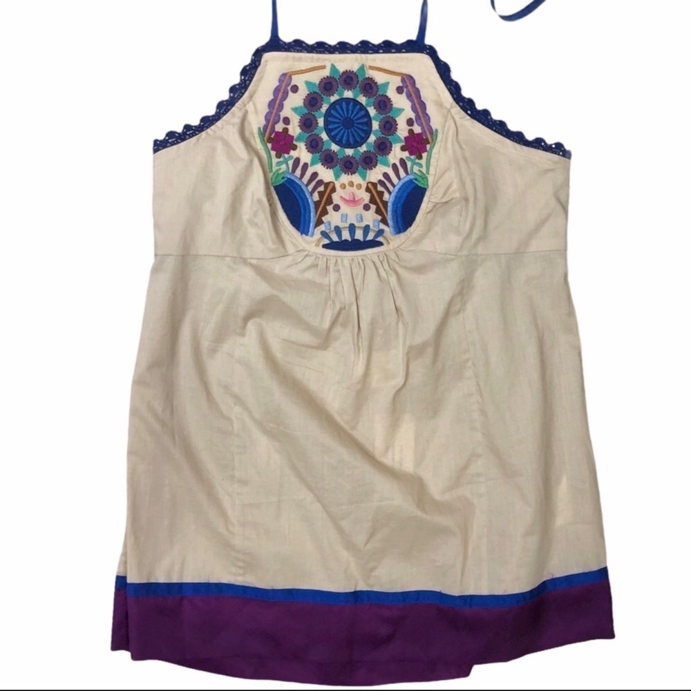 Plenty by Tracy Reece Embroidered Halter Top Boho Size 4 Tan Summer Top